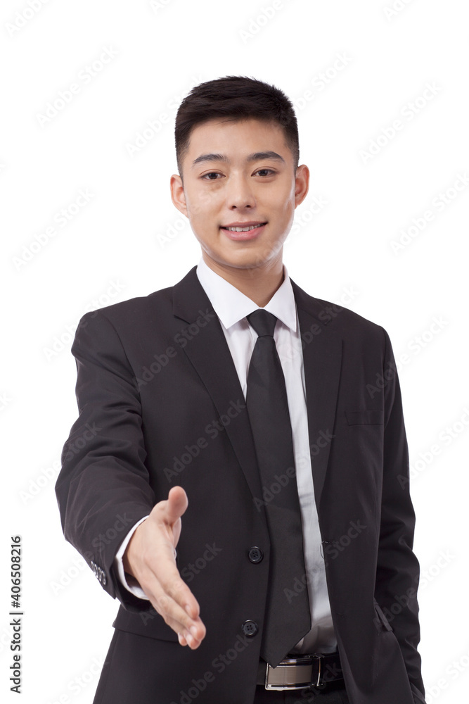 Portrait of business man holding hand greeting Portrait of business man holding hand greeting