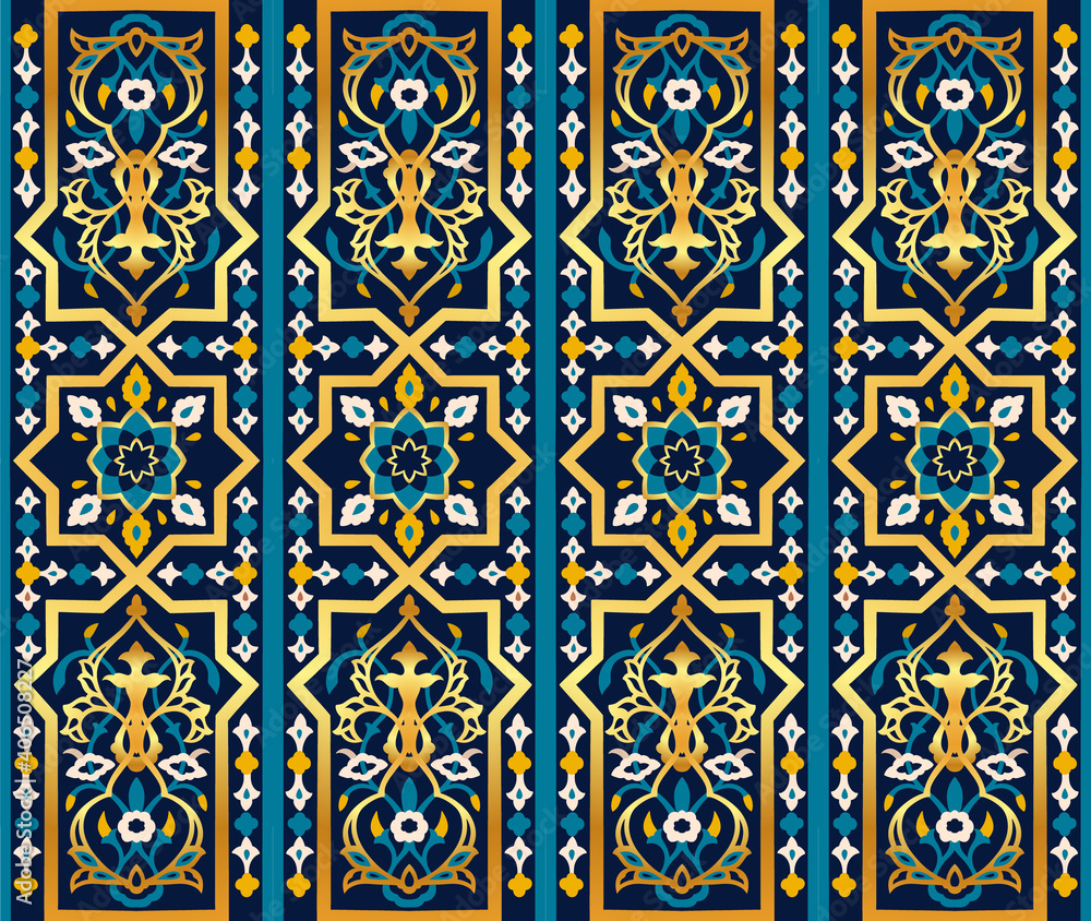 Seamless Arabian or Middle Asian and islamic vector architectural decorative pattern. Damask ornate boho style vintage ornament in deep blue, cyan and gold colors for custom print and design.