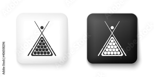 Black and white Billiard cue and balls in a rack triangle icon isolated on white background. Square button. Vector.