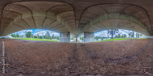 Spherical 360 panorama photograph under the highway bridge in Penrith