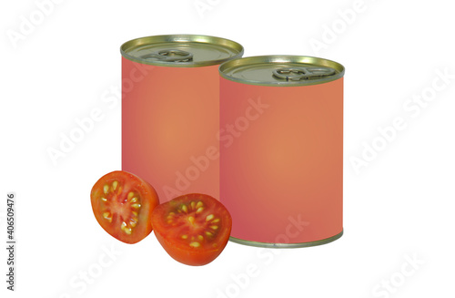 Duas latas de tomate fechadas com roúlos em branco sem marca e um tomate fatiado fora das latas, rótulos em tons de  vermelhos arrosados photo