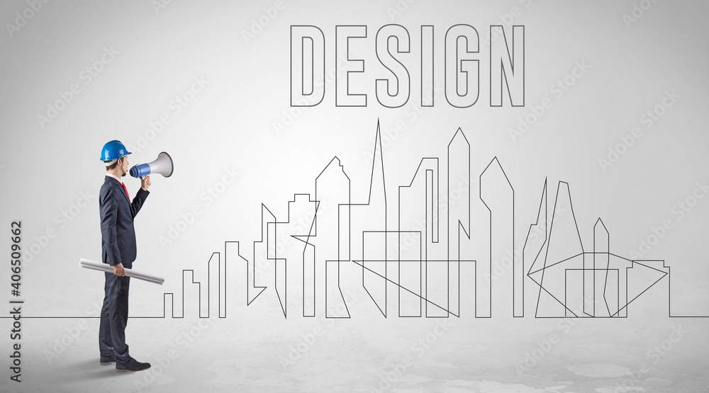 Businessman in hard hat holding blueprint with DESIGN inscription, engineering and architecture concept Businessman in hard hat holding blueprint with DESIGN inscription, engineering and architecture concept