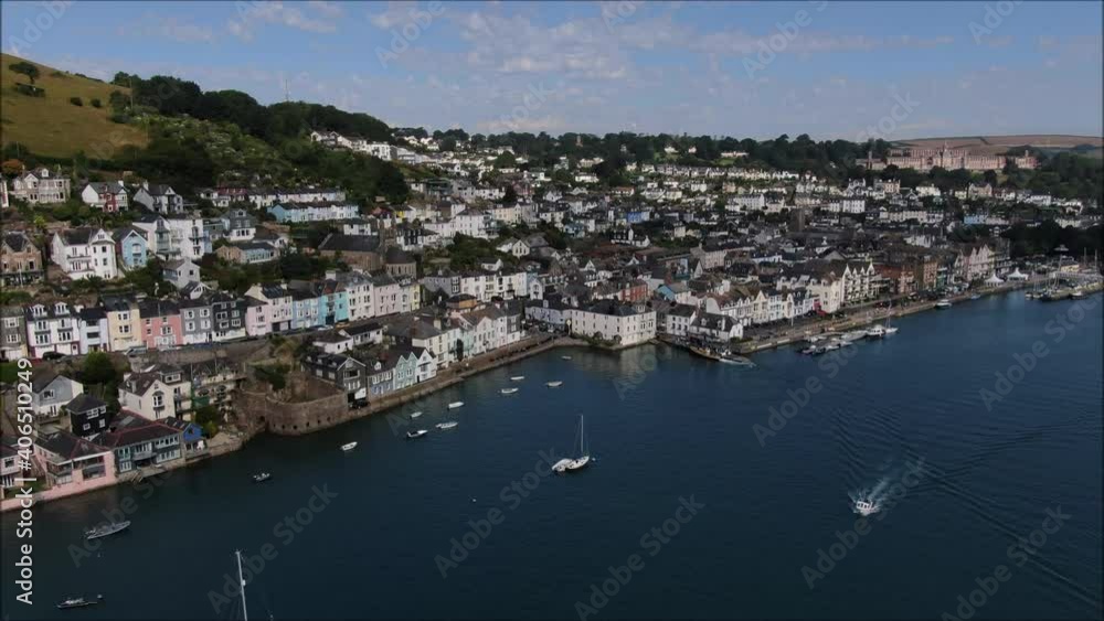 Dartmouth aerial shot river reveals tourist hotspot. Ferries and sailing Dartmouth aerial shot river reveals tourist hotspot. Ferries and sailing