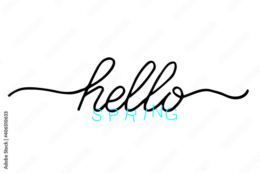 Hello spring banner. Postcard . Greetings of spring. We are waiting for spring. Handwritten text 