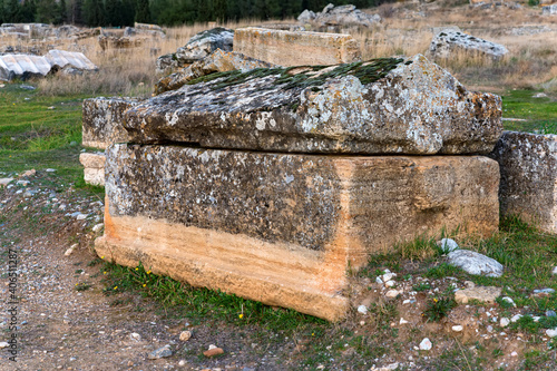 Ancient stone coffinette in Nekropolis of Hierapolis ancient city photo