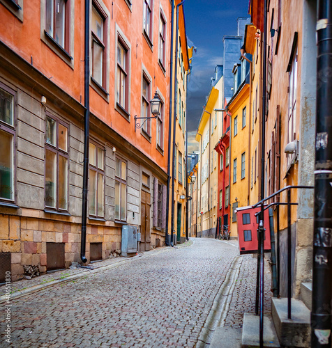 Colorful street in Gamla Stan, the historic section of Stockholm.psd
