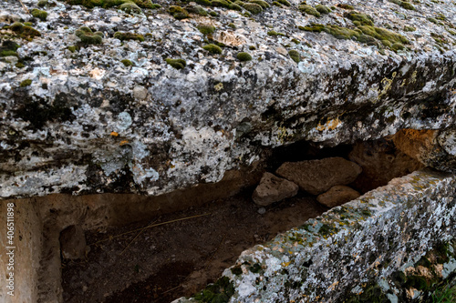 Broken ancient stone coffinette in Nekropolis of Hierapolis ancient city photo