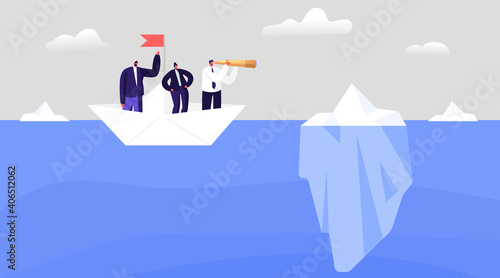 Business People Avoid Hidden Danger, Crisis, Bankruptcy. Dangerous Risk Concept. Business Characters on Paper Boat