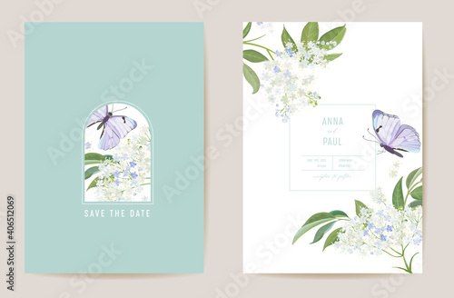 Wedding elderflower floral Save the Date set. Vector white spring flower and butterfly boho invitation card