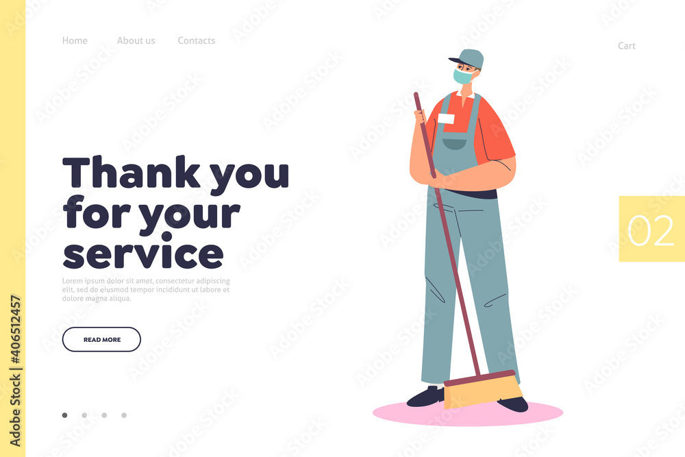 Thank you for service landing page concept with janitor wearing medical mask while sweeping floor