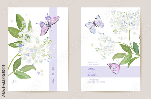 Watercolor elderberry floral wedding card. Vector white spring flowers invitation. Boho template frame