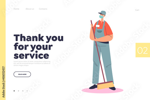 Thank you for service landing page concept with janitor wearing medical mask while sweeping floor