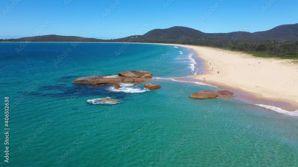 Majestic paradise beach on Australian coast, idyllic aerial arc shot Majestic paradise beach on Australian coast, idyllic aerial arc shot