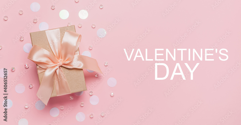 Gifts on pink background, love and valentine concept with text Valentines Day
