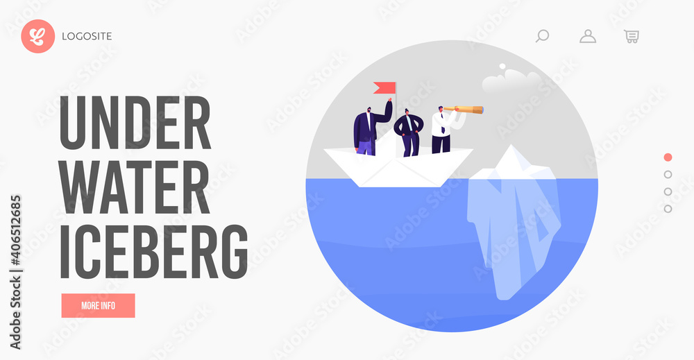 Business People Avoid Hidden Danger, Crisis, Risk, Bankruptcy Landing Page Template. Business Characters on Paper Boat Business People Avoid Hidden Danger, Crisis, Risk, Bankruptcy Landing Page Template. Business Characters on Paper Boat