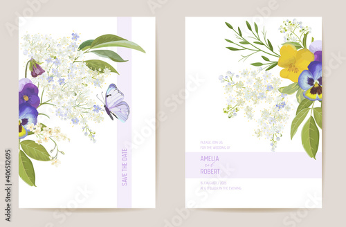Wedding violet pansy floral Save the Date set. Vector spring flower boho invitation card. Watercolor template frame