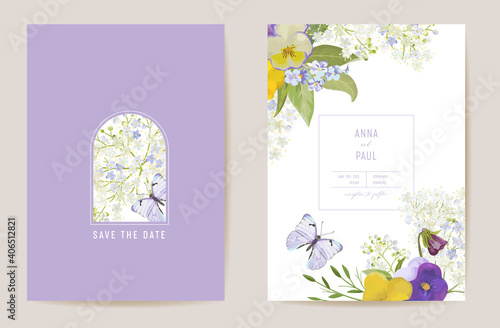 Wedding violet pansy floral Save the Date set. Vector purple spring flowers boho invitation card