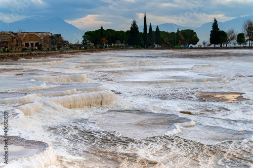 Landscape photo of travertine terraces in Pamukkale, Turkey photo