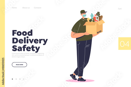 Food delivery and safety concept of landing page with courier wearing mask deliver grocery