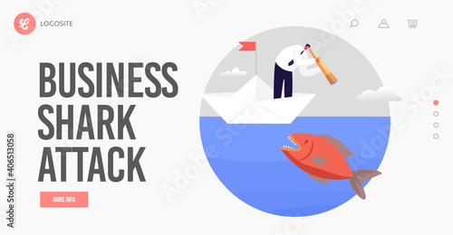 Hidden Danger Landing Page Template. Business Character Look through Spyglass in Ocean Water with Huge Fish