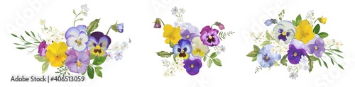 Watercolor pansy flowers bouquet collection. Vector viola spring floral set illustration. Summer bloom