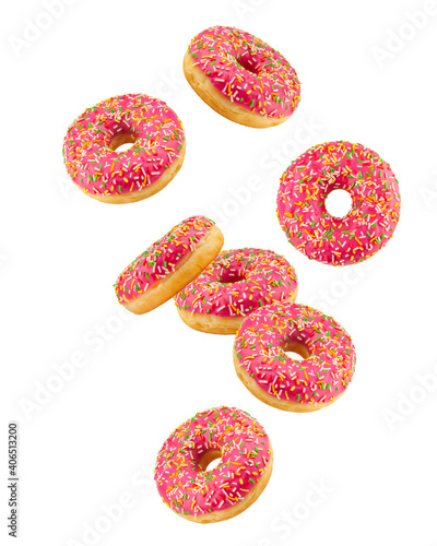 Falling Donut isolated on white background, clipping path, full depth of field