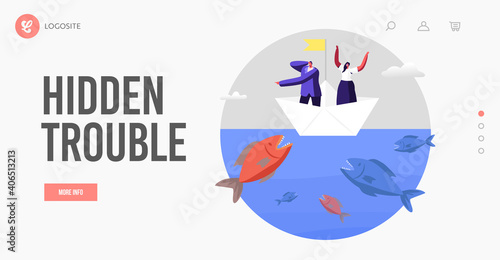 Business Characters Escape Attack of Huge Fish in Sea Landing Page Template. Business People on Paper Boat Avoid Crisis