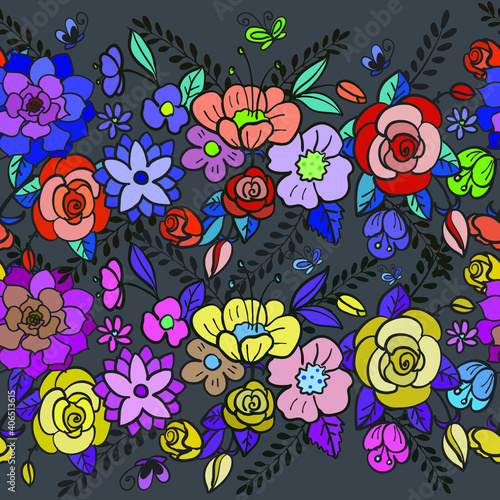 Floral print on fabric. Seamless pattern. Bright flowers are intertwined.