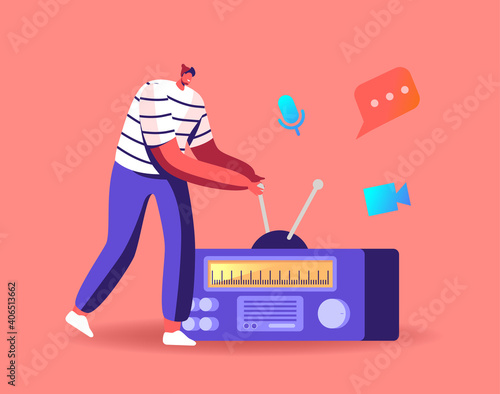 Podcast Social Media Communication Concept. Character Work on Radio, Male Radio Dj or Amateur Character Broadcasting