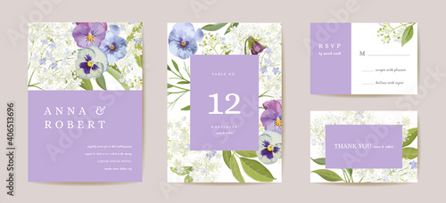 Wedding violet pansy floral Save the Date set. Vector purple spring flowers boho invitation card