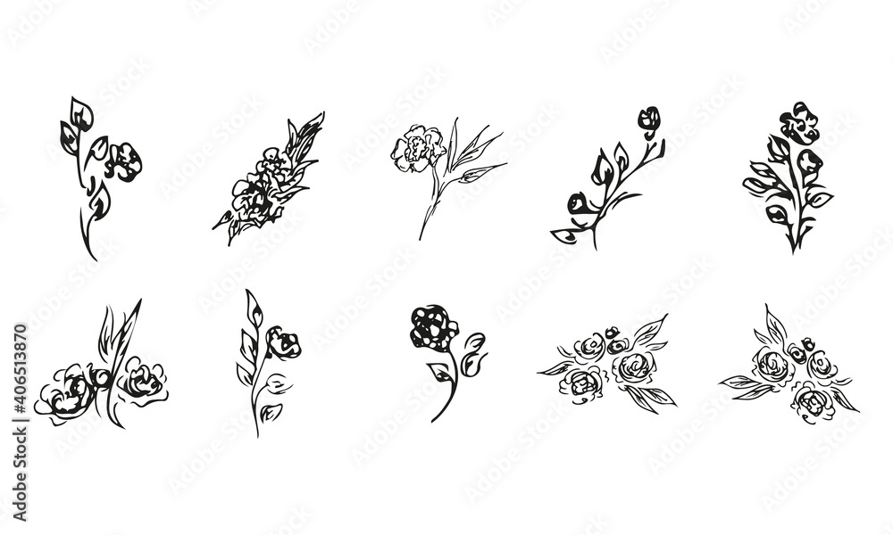 Fototapeta premium Doodle simple vector collection of 10 hand-drawn roses. Big collection of 10 hand-drawn roses. Big floral botanical set. Isolated on white background.