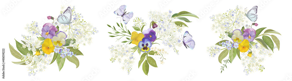 Obraz premium Watercolor pansy flowers bouquet collection. Vector viola spring floral set, butterfly illustration