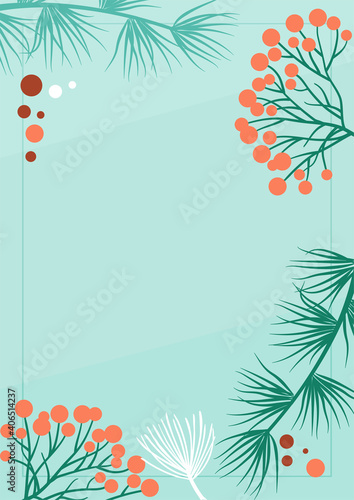 Nature vector banner, holiday card template, vintage background with plants branch, leaves and berries. Decorative illustration