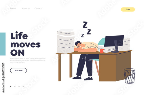 Life and work concept of landing page with tired worker sleeping at office desk