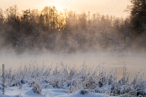 Wallpaper Mural Sunset colored  natural spring lake scenery with the heavy fog due to freezing cold winter temperatures  Torontodigital.ca