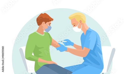 Health worker vaccinating young boy. Vaccine made to prevent epidemic and disease that emerged in Asia and spread all over the world. Vector illustration about vaccination.