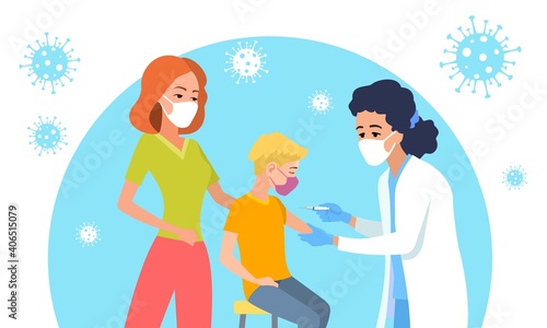 The doctor who vaccinated the child. The child who came to the vaccine with his mother in the hospital. Vector illustration colorful.