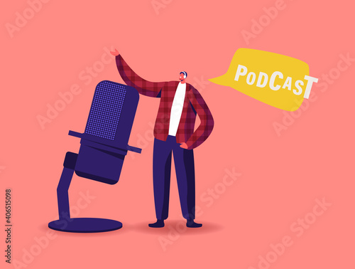 Tiny Male Character in Headset Speaking at Huge Microphone Broadcasting Podcast Entertainment. Online Broadcasting