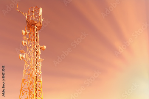 tower with mobile operator antennas on the background of the sky with the rays of the sun, 5G, 4G, mobile technologies, new generation communications