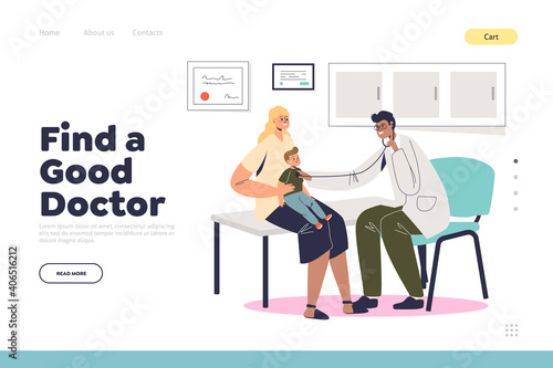 Find good doctor concept of landing page with mother and son visiting pediatrician