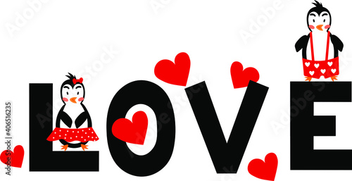Inscription love and cute penguins with hearts. Kids print. 