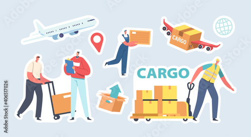 Cargo Delivery Stickers. Transportation Storage Logistic Concept. Workers Delivering Freight to Recipients Service