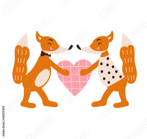 Two cute foxes are holding a heart. Valentine's Day print. Boho style. Vector flat illustration.