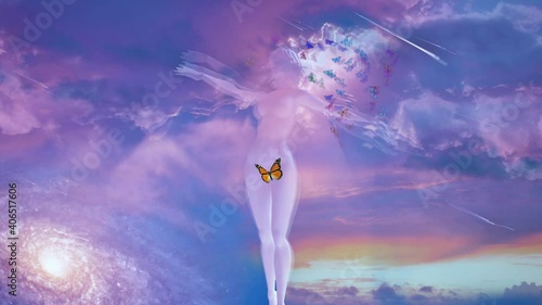 Pure Grace. Surrealism. Womans statue made of white stone in the purple sky