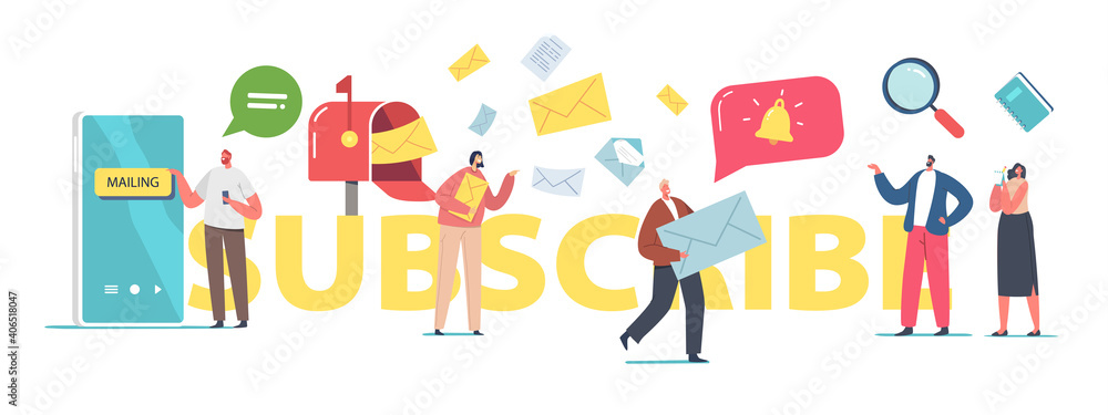 Subscribe Concept. Characters Sending or Receive E-mail with Promo. Influencer Marketing, Social Media or Network Promo