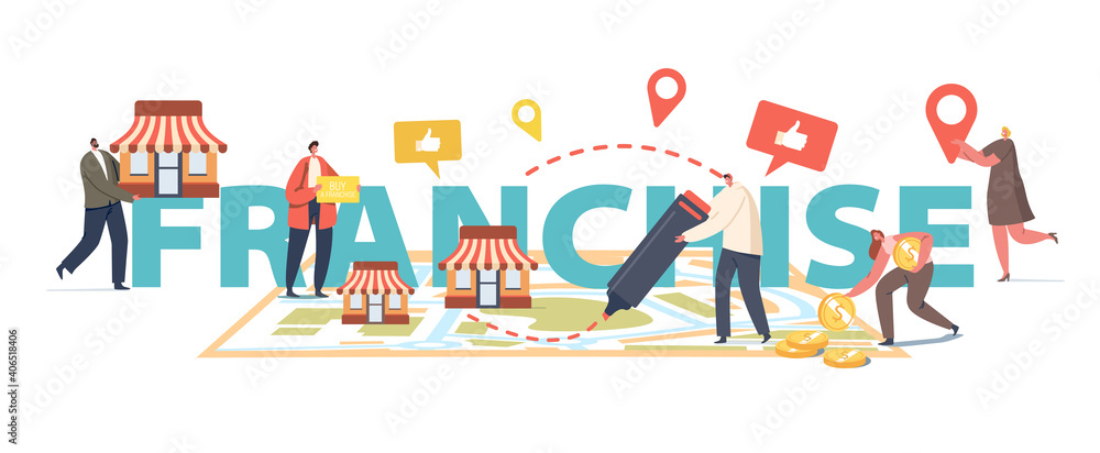 Franchise Concept. People Put Kiosks on Huge Map. Characters Start Small Enterprise, Company, or Shops with Home Office Franchise Concept. People Put Kiosks on Huge Map. Characters Start Small Enterprise, Company, or Shops with Home Office