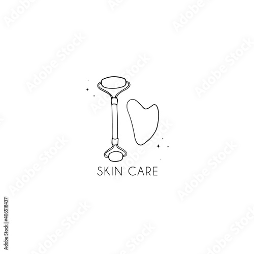 Vector flat cartoon stone face massage Roller and Gua Sha Set isolated on white background. Scin care. Hand drawn vector illustration eps 10