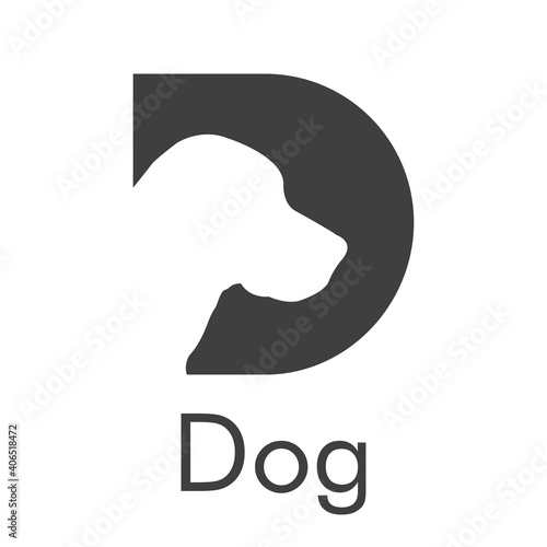 Logotipo texto dog con letra inicial D con cabeza de perro en color gris