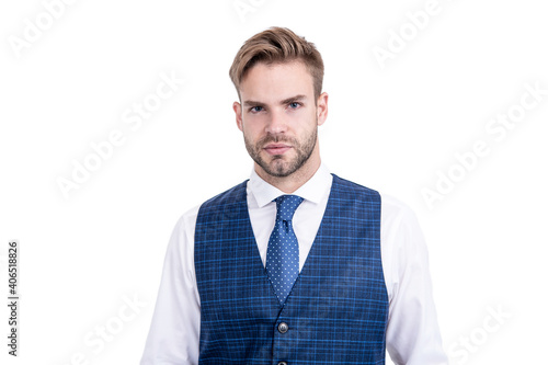 Unshaven guy with stylish hair in formal fashion style isolated on white, barbershop