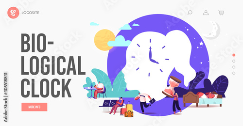 Biological Clock, Jet Lag Landing Page Template. Characters Follow their Body Rhythm, Insomnia, Traveler in Airport